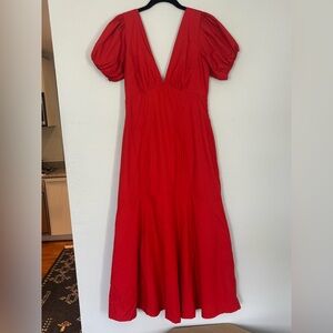 Red puff-sleeve midi dress NWT